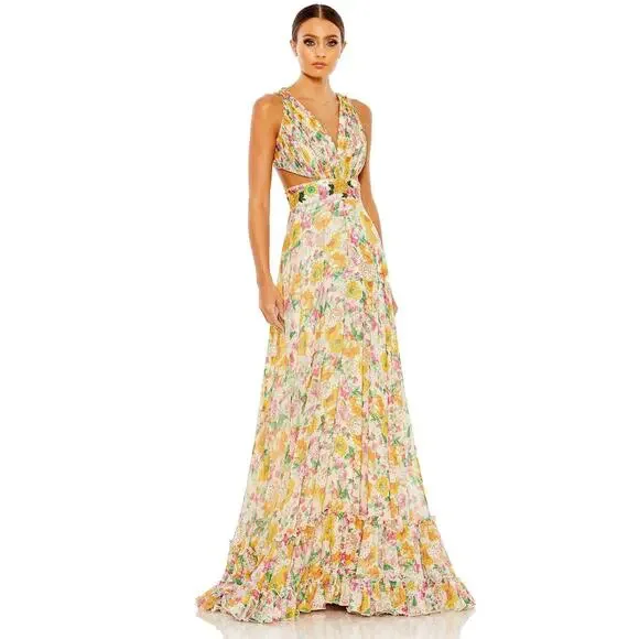 Mac Duggal 9174 Long Formal Multicolored Floral Print Chiffon Gown Dress Size 10